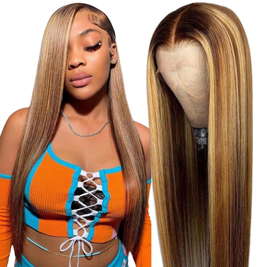 HD Straight Lace Front Wig, 4/27 Honey Blonde Highlight, Glueless Human Hair