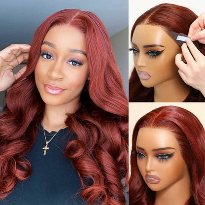 HAIRSW Upgrade Reddish Brown 3D Body Wave Invisi Strap Laid Flat 360 Skin Lace Frontal Pre-Bleached Knots Put On & Go Wig