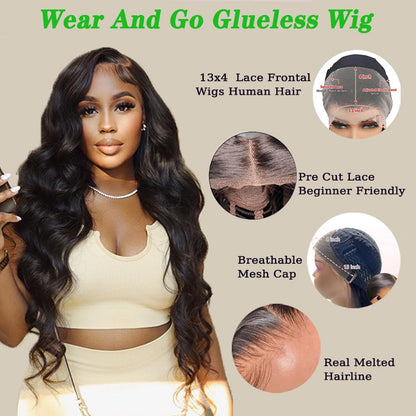 28 Inch Glueless Wigs Human Hair Pre Plucked Pre Cut 180% Density Wear and Go Glueless Wig 13x4 HD Body Wave Lace Front Wigs Human Hair for Women Frontal Wigs Human Hair with Baby Hair