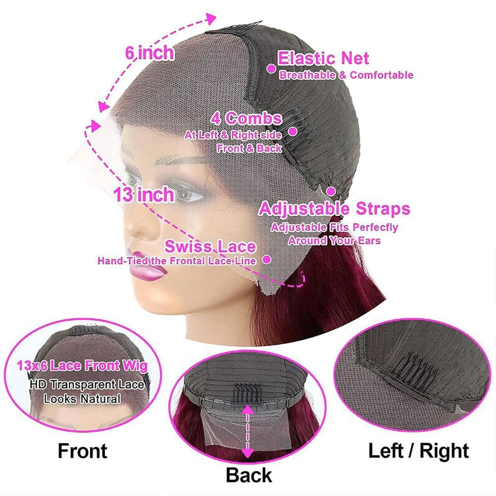 99j Burgundy Body Wave 13x6 Lace Front Wig | 250% Density Glueless Human Hair