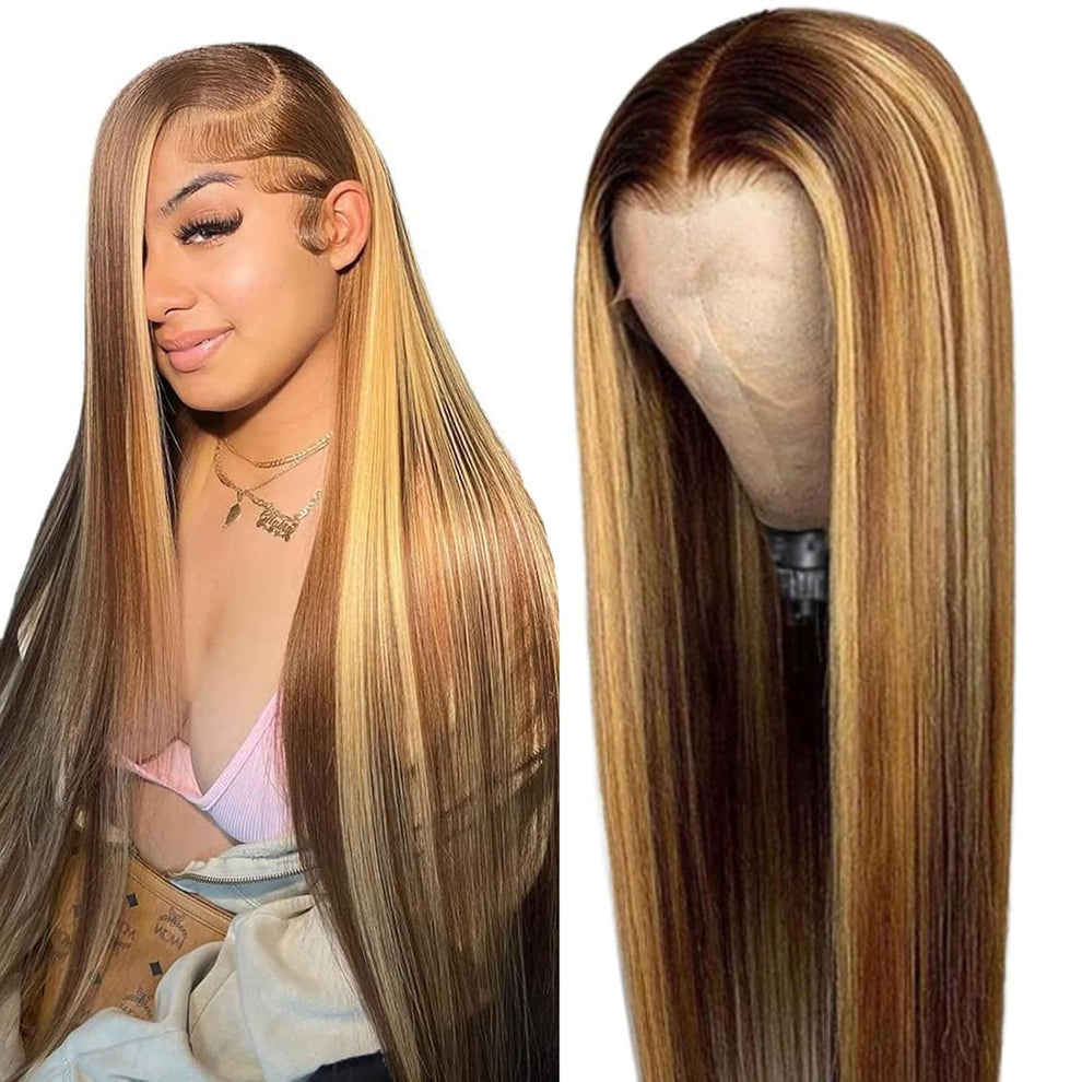 HD Straight Lace Front Wig, 4/27 Honey Blonde Highlight, Glueless Human Hair