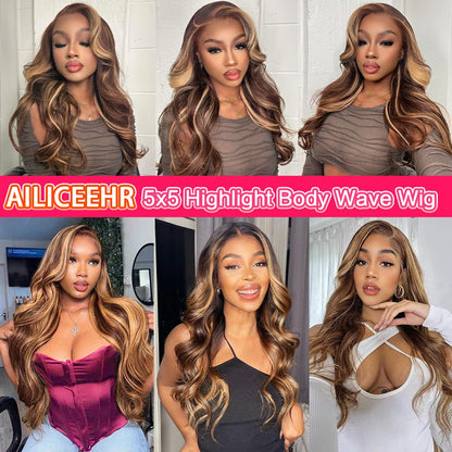 5x5 Closure Wig Highlight Ombre Body Wave HD Lace Closure Wigs Human Hair for Women Balayage P4/27 Honey Blonde Wig Pre Plucked With Baby Hair 180% Glueless 22 Inch