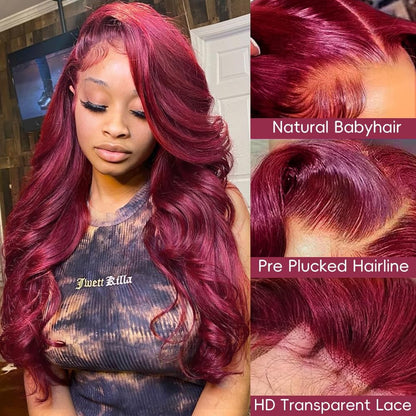 250% Density Burgundy Lace Front Wigs Human Hair Pre Plucked 13x6 Body Wave Lace Front Wigs Human Hair Glueless 99j Wine Red Colored Lace Front Wigs Human Hair for Women