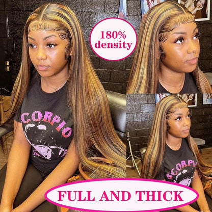 Lace Front Wig Human Hair  Highlight HD Straight Lace Front Wigs  4/27 Colored Honey Blonde HD Lace Frontal Wigs For Women Glueless Pre Plucked with Baby Hair