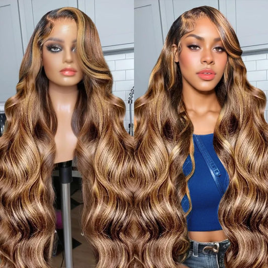 5x5 Closure Wig Highlight Ombre Body Wave HD Lace Closure Wigs Human Hair for Women Balayage P4/27 Honey Blonde Wig Pre Plucked With Baby Hair 180% Glueless 22 Inch