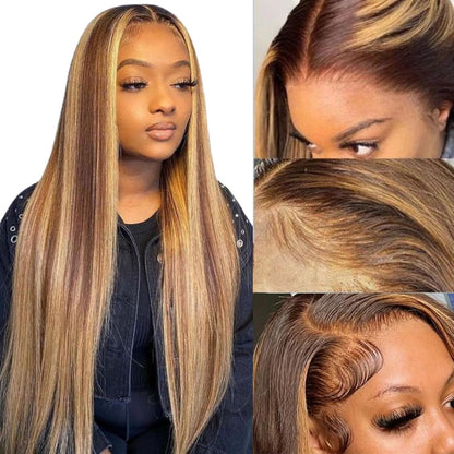 Lace Front Wig Human Hair  Highlight HD Straight Lace Front Wigs  4/27 Colored Honey Blonde HD Lace Frontal Wigs For Women Glueless Pre Plucked with Baby Hair