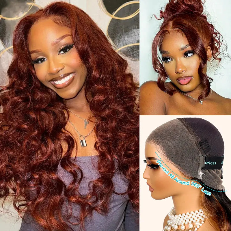 HAIRSW Upgrade Reddish Brown 3D Body Wave Invisi Strap Laid Flat 360 Skin Lace Frontal Pre-Bleached Knots Put On & Go Wig