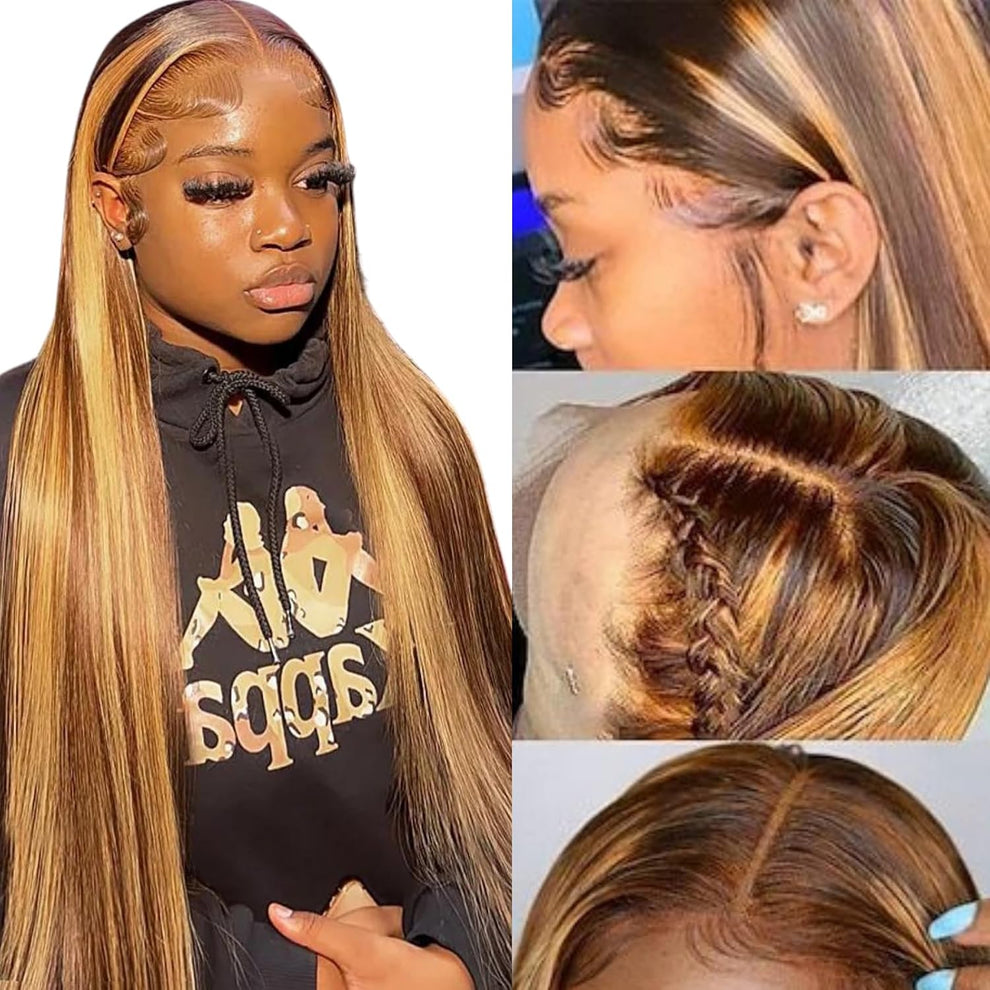 HD Straight Lace Front Wig, 4/27 Honey Blonde Highlight, Glueless Human Hair