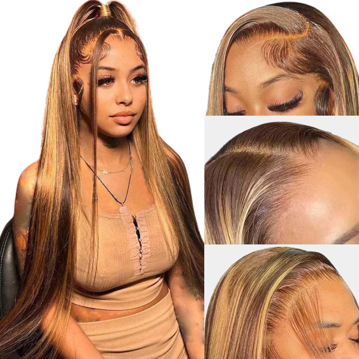 Lace Front Wig Human Hair  Highlight HD Straight Lace Front Wigs  4/27 Colored Honey Blonde HD Lace Frontal Wigs For Women Glueless Pre Plucked with Baby Hair