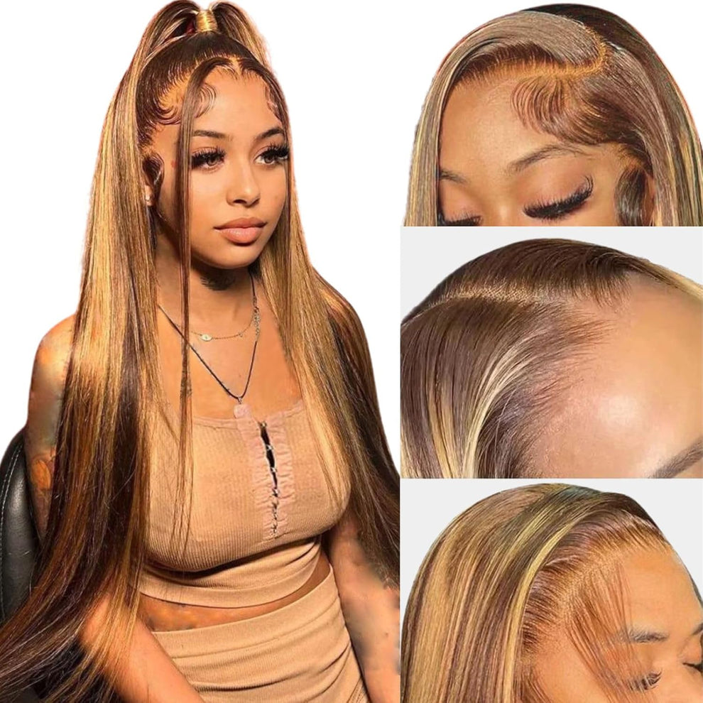 HD Straight Lace Front Wig, 4/27 Honey Blonde Highlight, Glueless Human Hair