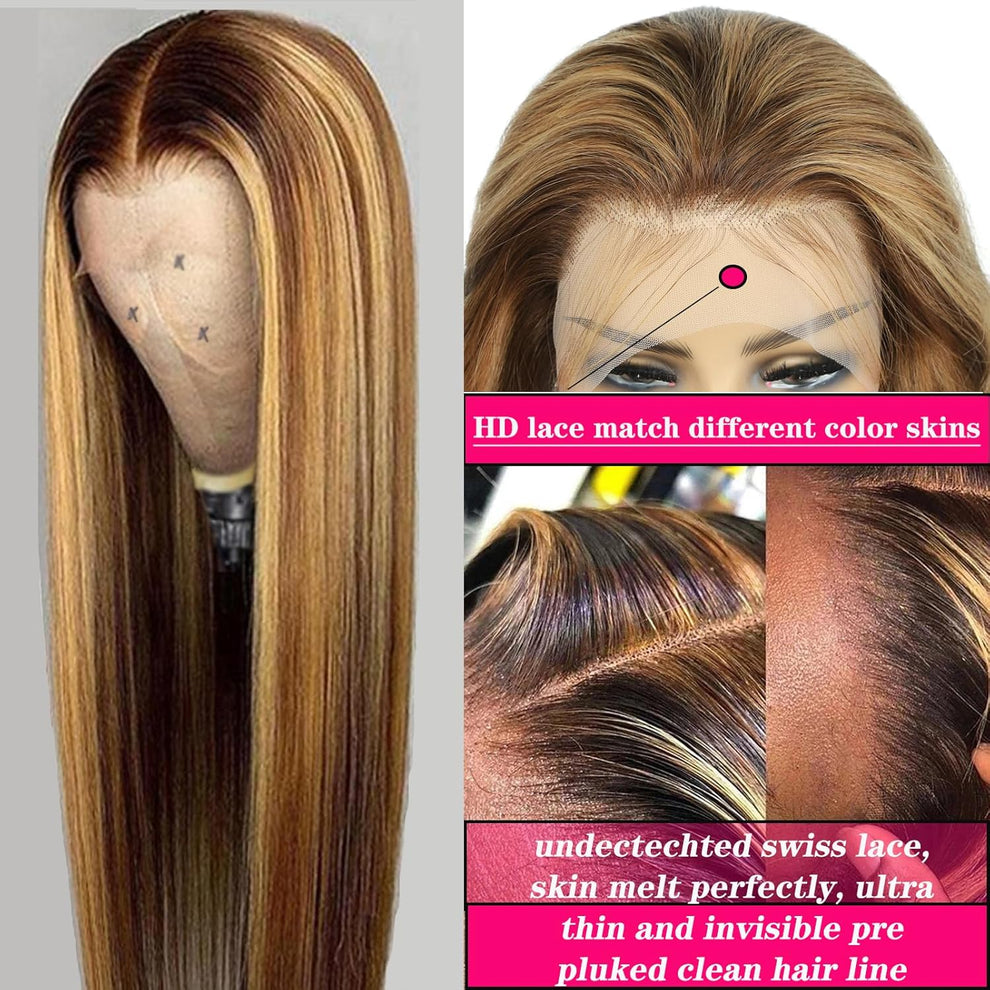 HD Straight Lace Front Wig, 4/27 Honey Blonde Highlight, Glueless Human Hair