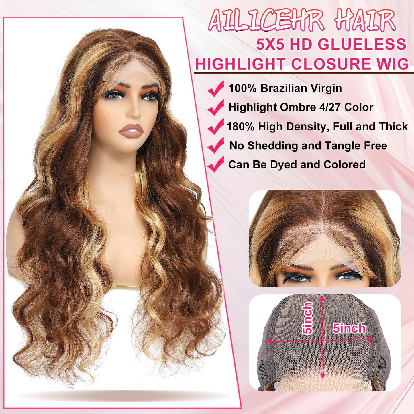 5x5 Closure Wig Highlight Ombre Body Wave HD Lace Closure Wigs Human Hair for Women Balayage P4/27 Honey Blonde Wig Pre Plucked With Baby Hair 180% Glueless 22 Inch