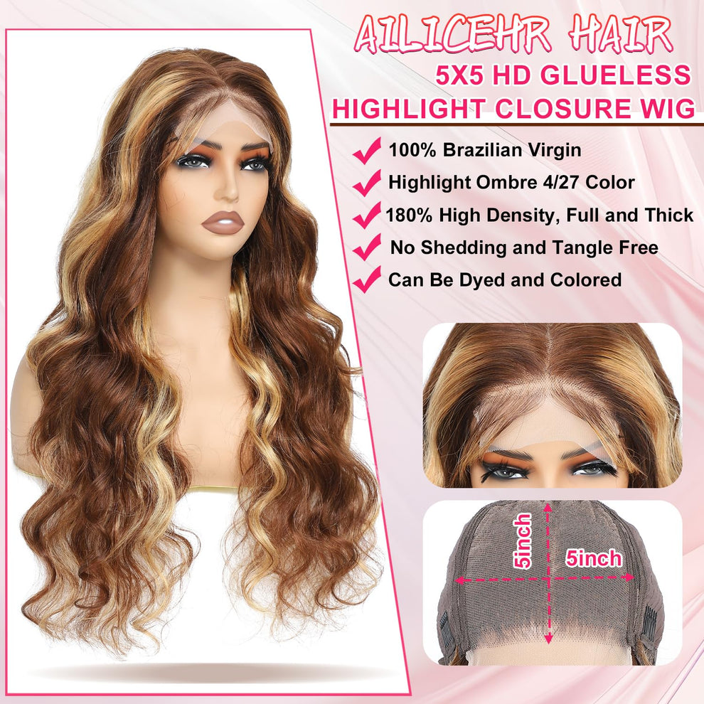 4/27 Highlight 5x5 Glueless Lace Closure Wigs HAIRSW Body Wave Wigs Virgin Hair
