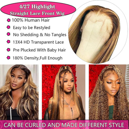 Lace Front Wig Human Hair  Highlight HD Straight Lace Front Wigs  4/27 Colored Honey Blonde HD Lace Frontal Wigs For Women Glueless Pre Plucked with Baby Hair