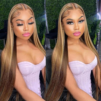 Lace Front Wig Human Hair  Highlight HD Straight Lace Front Wigs  4/27 Colored Honey Blonde HD Lace Frontal Wigs For Women Glueless Pre Plucked with Baby Hair