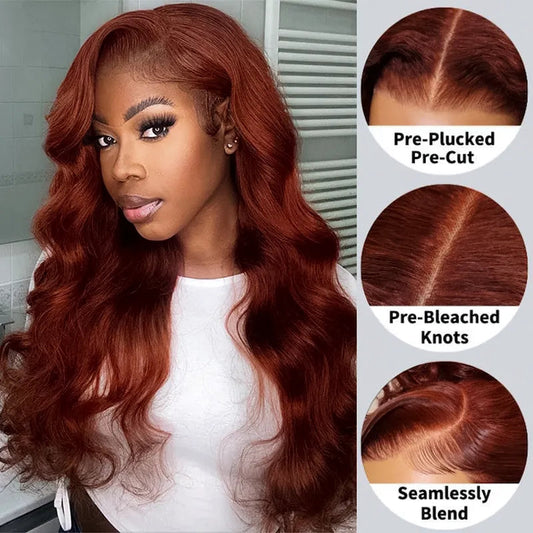 HAIRSW Upgrade Reddish Brown 3D Body Wave Invisi Strap Laid Flat 360 Skin Lace Frontal Pre-Bleached Knots Put On & Go Wig