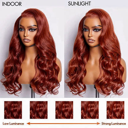 HAIRSW Upgrade Reddish Brown 3D Body Wave Invisi Strap Laid Flat 360 Skin Lace Frontal Pre-Bleached Knots Put On & Go Wig